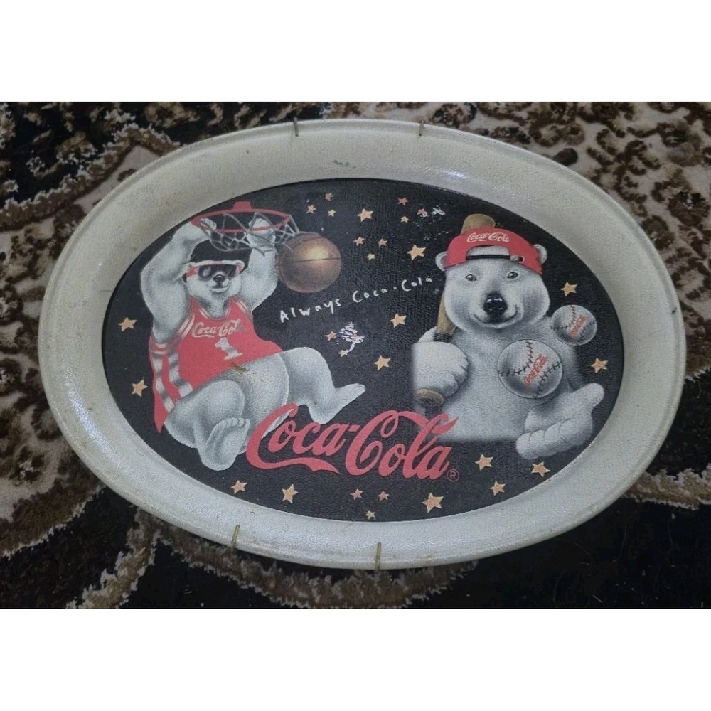 Vintage Coca-Cola Polar Bear Tray Sports Baseball Basketball 1997 Coke